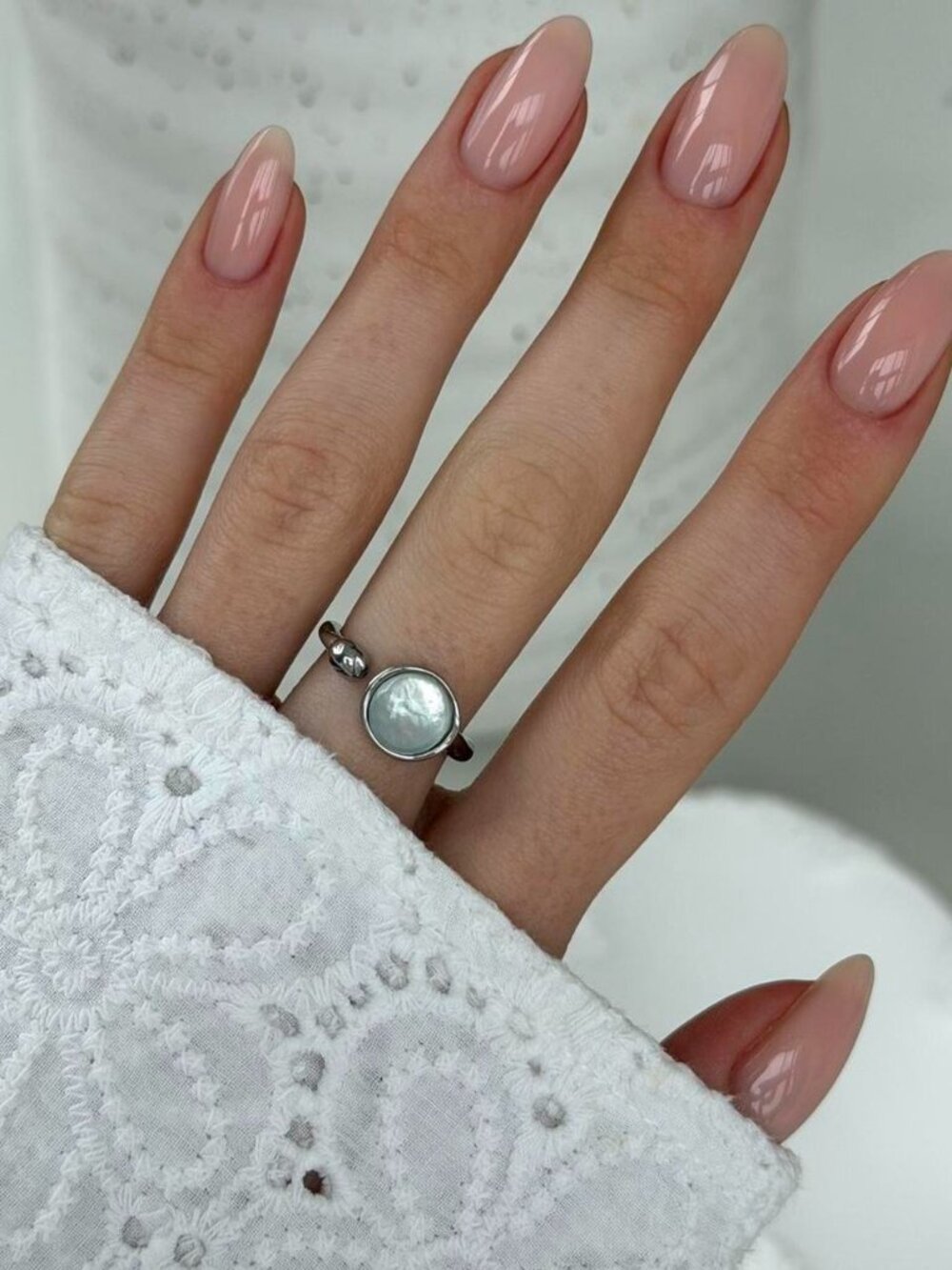 Sku0560 Retro Silver Pearl Gemstone Women Minimalist Ring Stainless steel